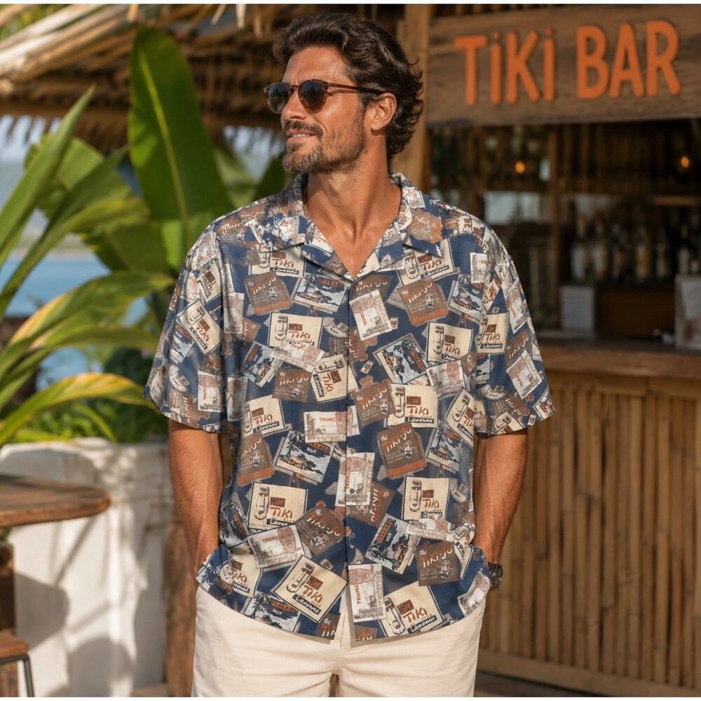 Columbia XXL Tiki Hawaiian Camp Shirt Blue Aloha Button Front Cotton Mens